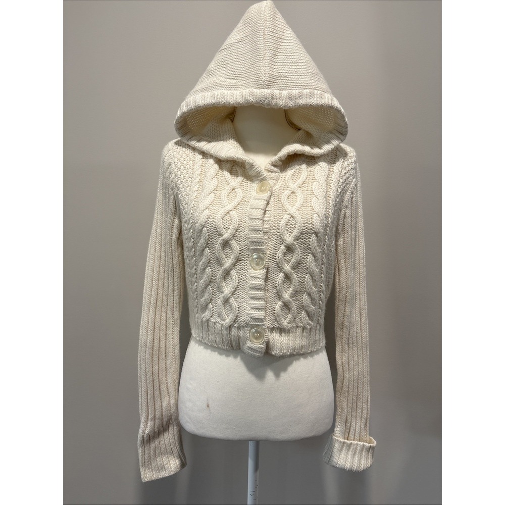 Aerie Y2K Cropped Cable Knit Hooded Cardigan Button Front Sweater White XL